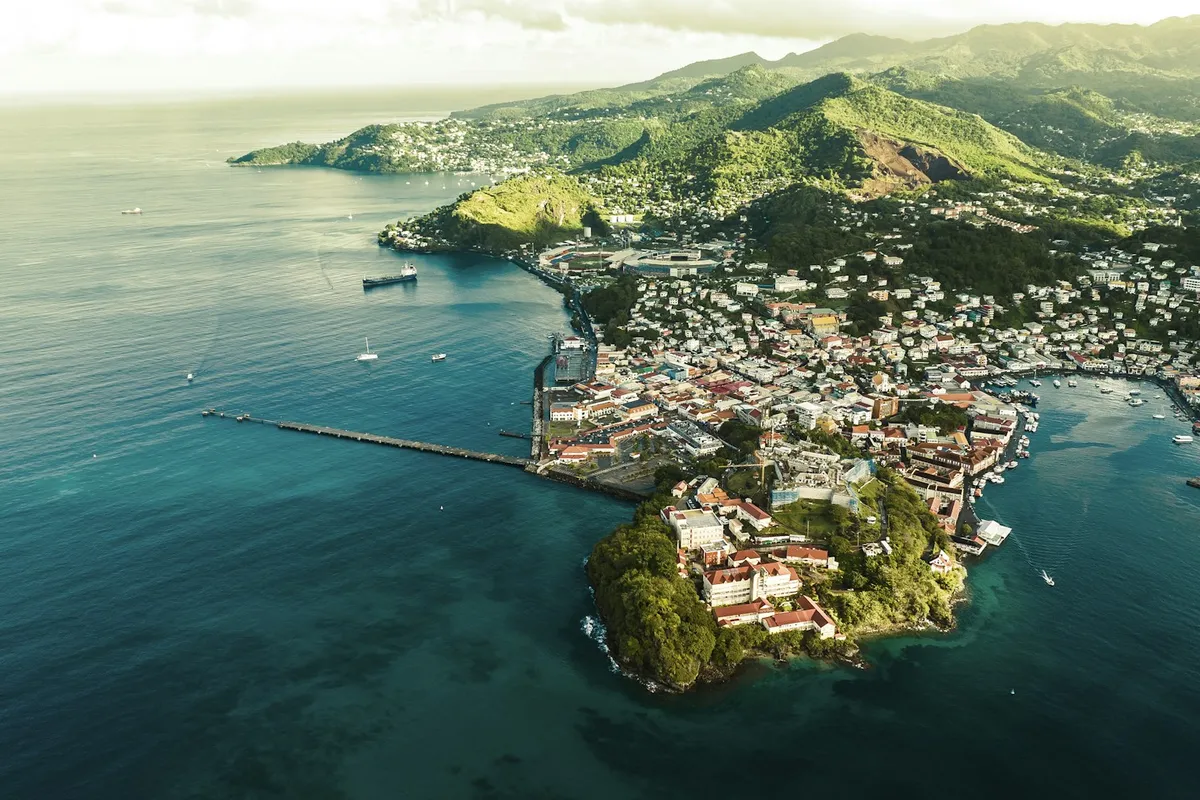 Aerial view of St George's harbour and the coast, Grenada